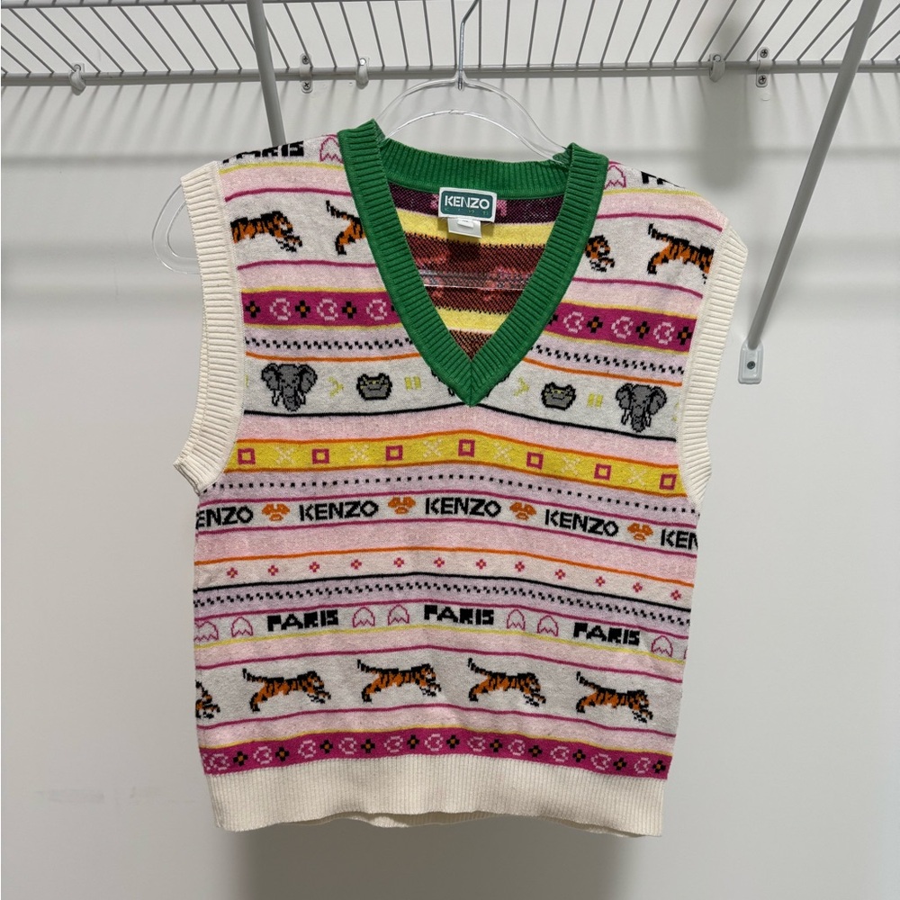 Kenzo Kids Intarsia Jacquard V-Neck Vest In Multicolor Size 14